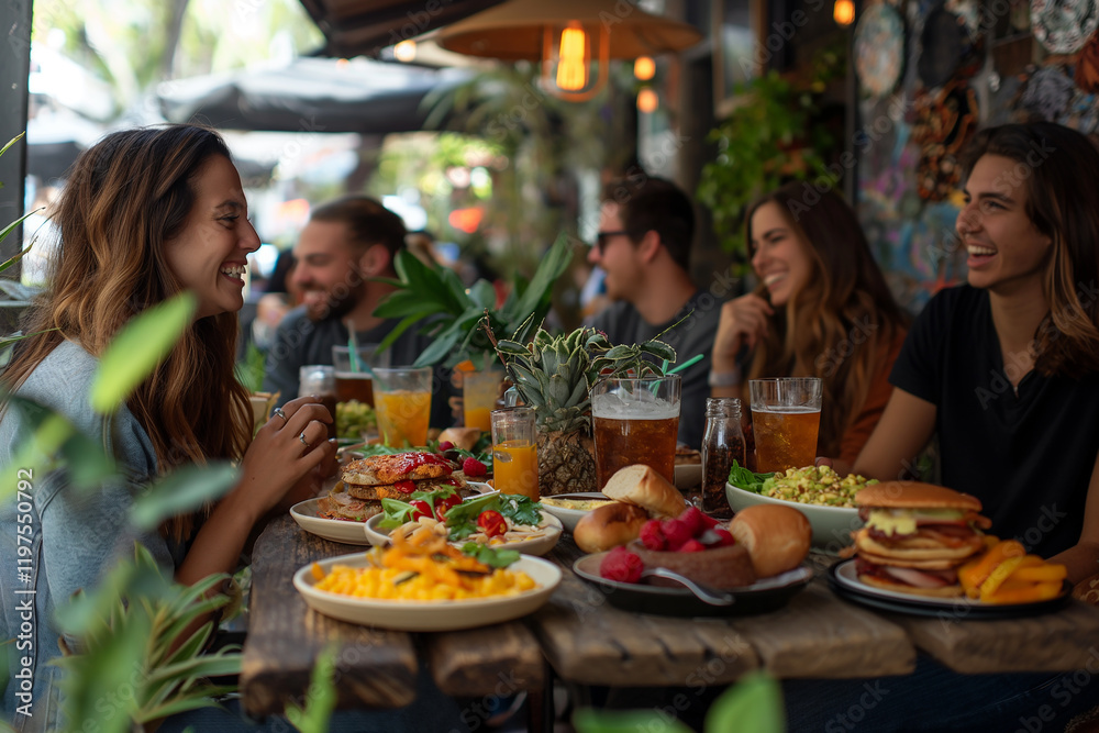 A group of people are sitting around a table with a variety of food and drinks A group of people are sitting around a table with a variety of food and drinks