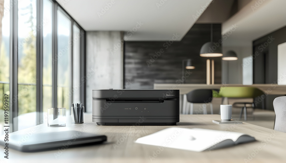 Fototapeta premium Contemporary office printer station with sleek design in a blurred, modern workspace -