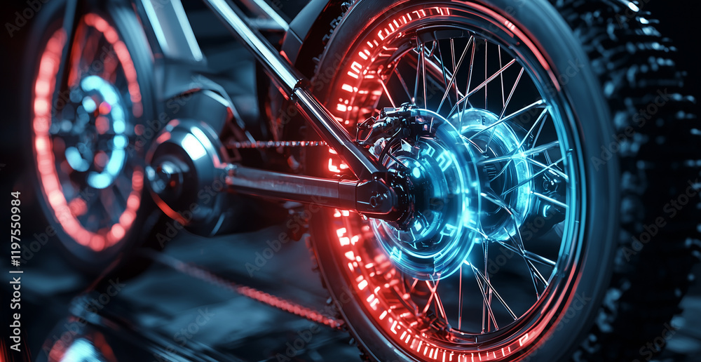 A vibrant electric bike wheel showcasing glowing neon details. A vibrant electric bike wheel showcasing glowing neon details.
