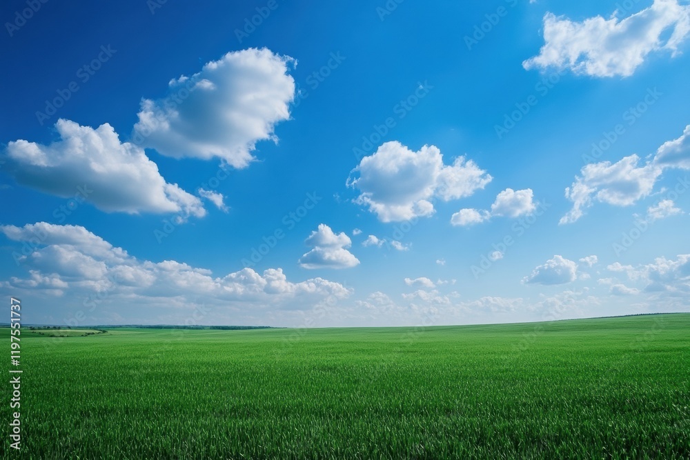Open green field under a bright blue sky filled with fluffy clouds showcasing a peaceful natural landscape. Generative AI Open green field under a bright blue sky filled with fluffy clouds showcasing a peaceful natural landscape. Generative AI