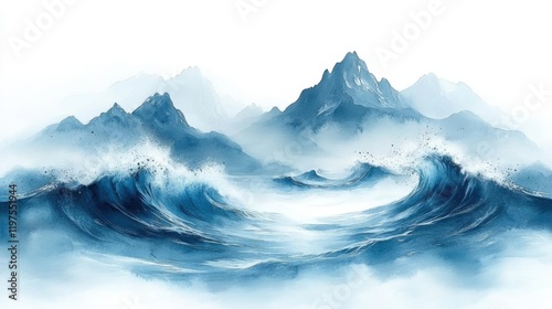 Serene seascape with misty blue mountains and rolling waves under a tranquil sky