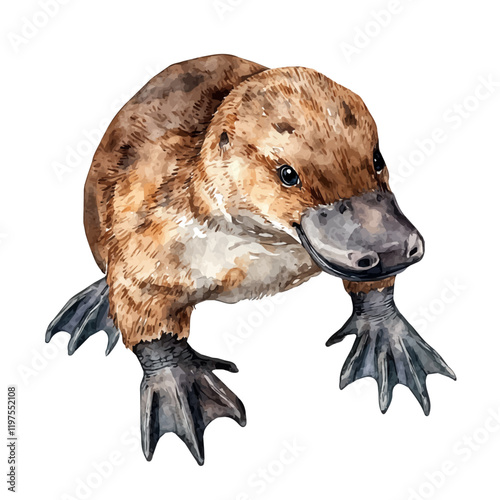 A watercolor of a platypus, isolated on a white background. Platypus vector.
