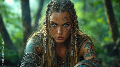 Fierce Viking Warrior Woman with Intricate Face and Body Tattoos in Diverse Natural Settings, from Stormy Seas to Misty Forests, Showcasing Strength, Beauty, and Battle Readiness photo