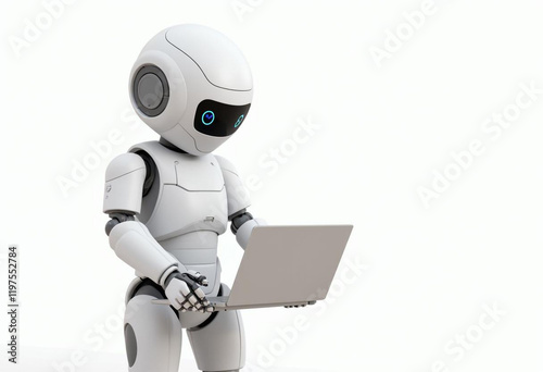 Futuristic Humanoid Figure Interacting with Laptop