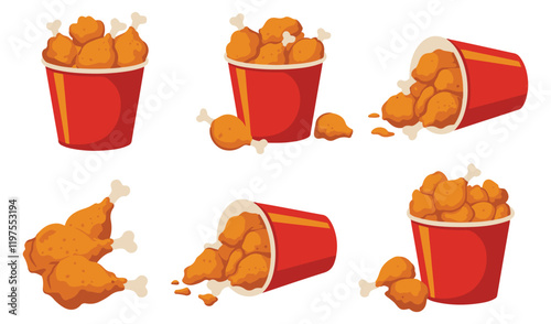 Animated Playful Whimsical Happy Chicken set Delicious Fun Flying Fried Chicken With Bucket  vector illustration Cartoon Food Art Set Elements Branding Concepts  Fun Illustrations Cartoon Icons
