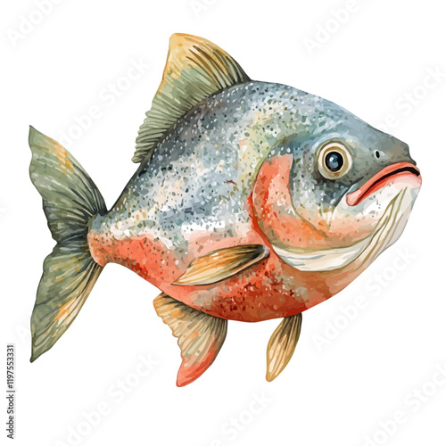 A watercolor painting of a piranha, isolated on a white background. Piranha vector.
