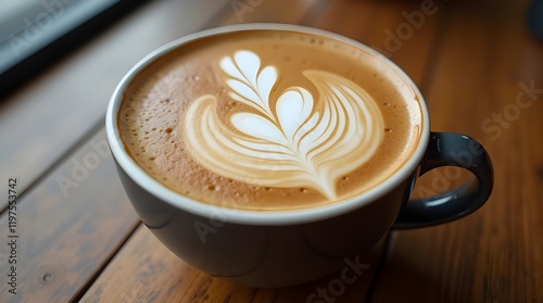 The image shows a close-up of a cappuccino in a white ceramic cup, with latte art in the form of a large heart or flower shape. The cup is placed on a saucer. photo