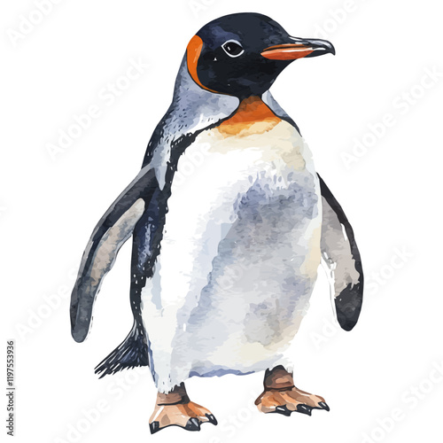A watercolor clipart of a penguin, isolated on a white background. Penguin vector.
