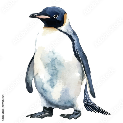 A watercolor clipart of a penguin, isolated on a white background. Penguin vector.
