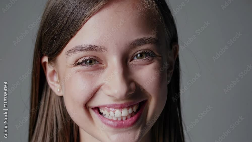 Young girl with beautiful smile on grey background. Teeth whitening Young girl with beautiful smile on grey background. Teeth whitening