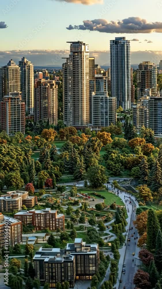 Urban landscape showcases modern skyscrapers surrounded by green parks and trees during golden hour