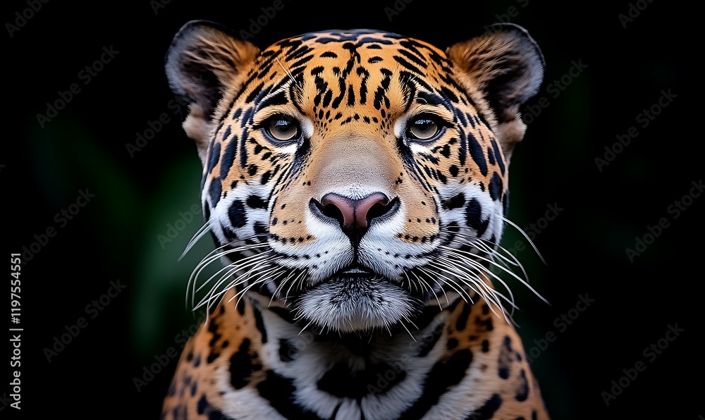Obraz premium Majestic Jaguar Portrait: Striking Rosette Pattern, Dark Background, Wildlife Photography