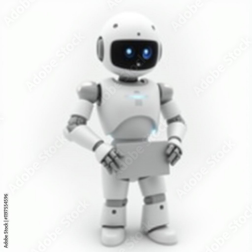 Futuristic Humanoid Figure Interacting with Laptop