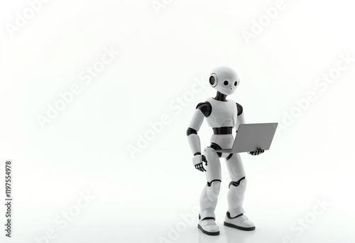 Futuristic Humanoid Figure Interacting with Laptop