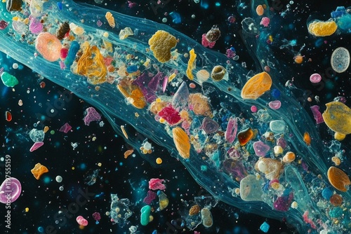 Detailed view of microplastics found within human digestive system fibers and cells under microscope