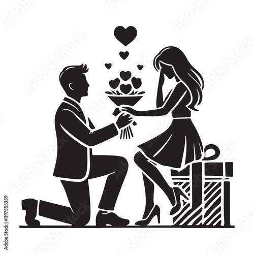 Happy Valentine Day Couple Proposing vector silhouette on white background