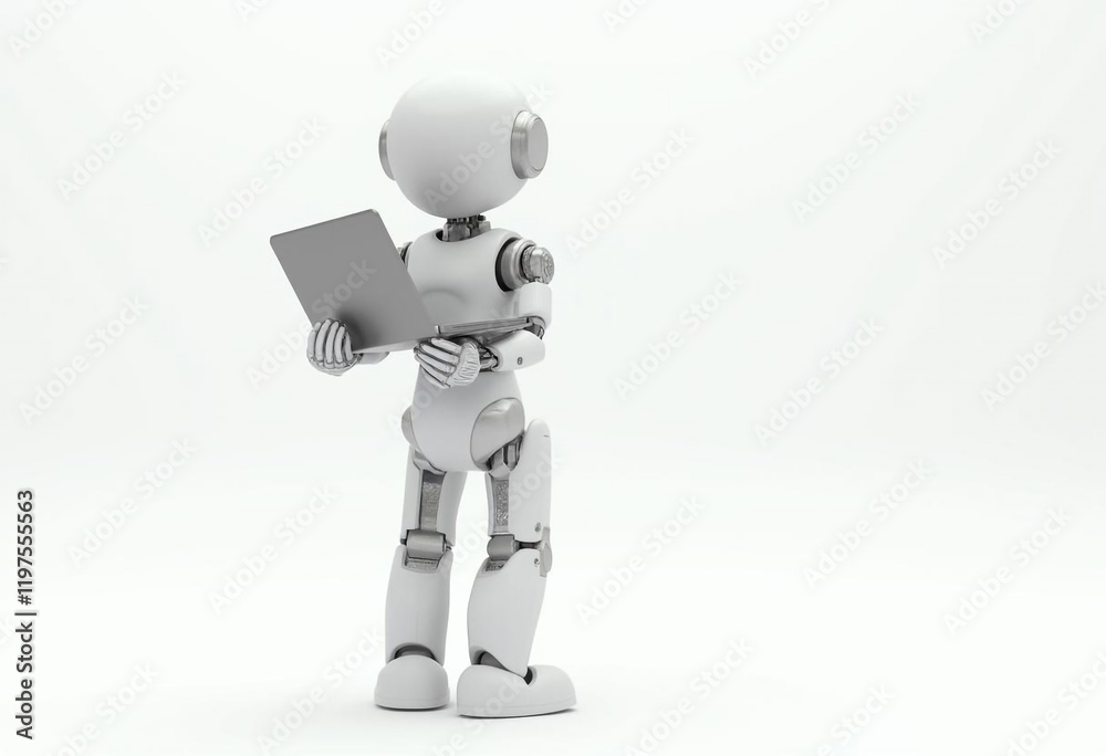 Futuristic Humanoid Figure Interacting with Laptop Futuristic Humanoid Figure Interacting with Laptop