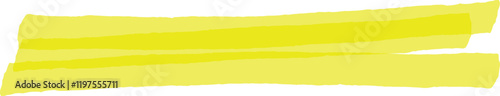 Two brushstrokes of yellow highlighter forming two parallel horizontal lines on white background, ideal for creative projects related to stationery, art and design