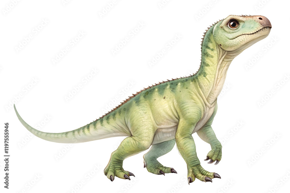 Obraz premium Curious Baby Iguanodon Dinosaur: A charming illustration of a baby dinosaur, its scales a blend of vibrant greens and yellows, gazes curiously at the viewer.