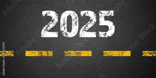 Asphalt road with yellow lane marking, concrete highway surface, texture. New year 2025. Street traffic line, road dividing strip. Pattern grainy structure, grunge background. Vector illustration