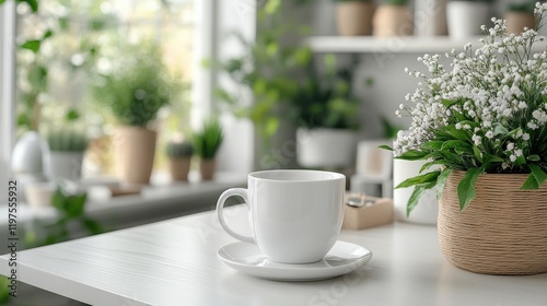 Wallpaper Mural Serene Morning Coffee Scene with Fresh Flowers and Greenery Torontodigital.ca