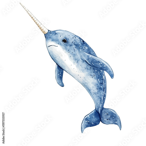 A watercolor illustration of a narwhal, isolated on a white background. Narwhal vector.
