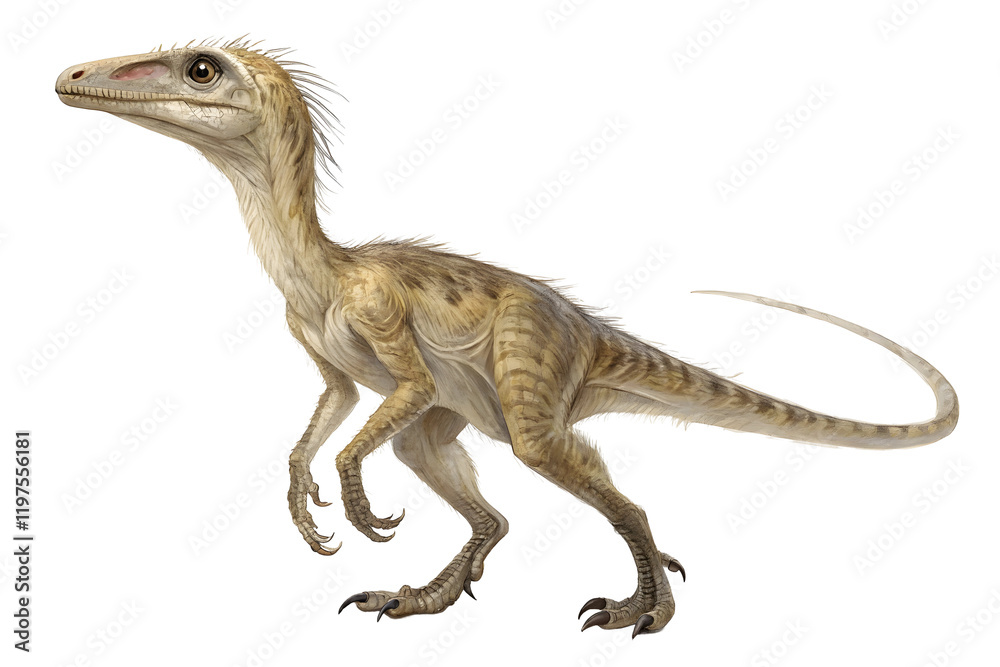 Compsognathus : A small, feathered Compsognathus dinosaur, a fascinating glimpse into the prehistoric world, illustrated with meticulous detail, showcasing its slender build, long tail. Compsognathus : A small, feathered Compsognathus dinosaur, a fascinating glimpse into the prehistoric world, illustrated with meticulous detail, showcasing its slender build, long tail.