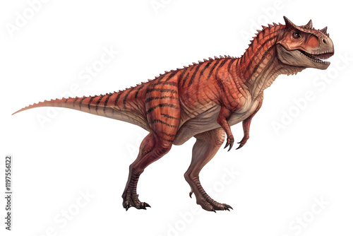 Fototapeta Naklejka Na Ścianę i Meble -  Carnotaurus: A fearsome Carnotaurus dinosaur with distinctive horns above its eyes and a powerful jaw, rendered in vibrant colors and intricate detail. This prehistoric predator is ready to charge.