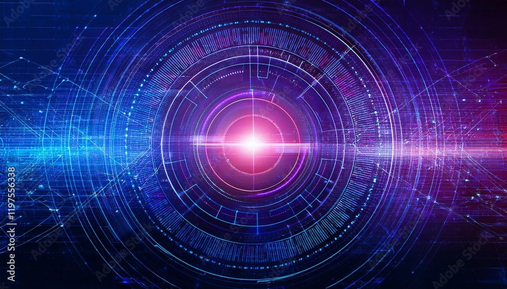 abstract futuristic digital technology background with a glowing red light at the center surrounded by concentric circles. The background has blue and purple hues and lines of code are visible. abstract futuristic digital technology background with a glowing red light at the center surrounded by concentric circles. The background has blue and purple hues and lines of code are visible.