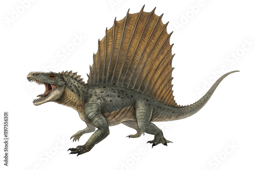 Dimetrodon: A digital illustration of a Spinosaurus, a large theropod dinosaur known for its distinctive sail and crocodile-like snout, roaring with its mouth open. photo