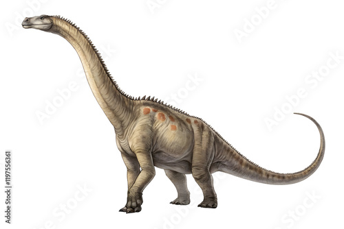 Diplodocus, Gentle Giant: A detailed illustration of a diplodocus, a massive sauropod dinosaur known for its incredibly long neck, standing majestically. photo