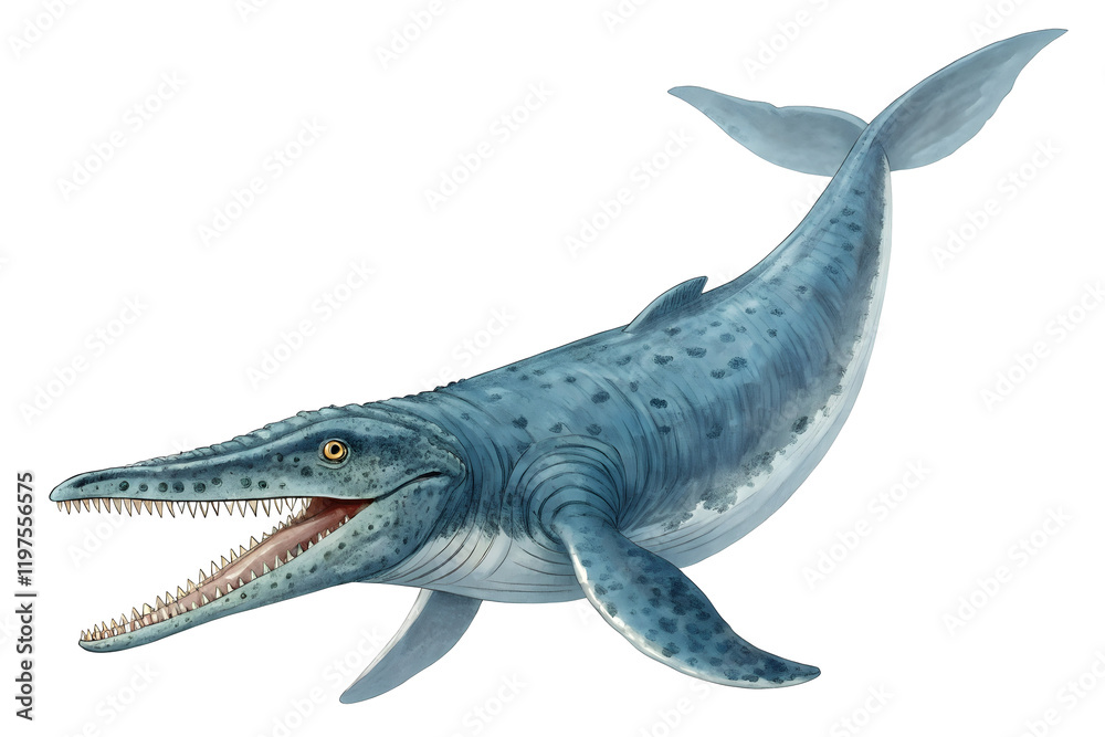 Fototapeta premium Mosasaurus Marine Reptile: A detailed illustration of a Mosasaurus, a fearsome marine reptile from the Late Cretaceous period, showcasing its powerful jaws and streamlined body.