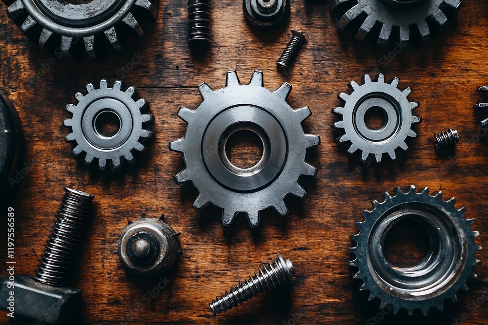 Metal gears and cogwheels on a wooden background
