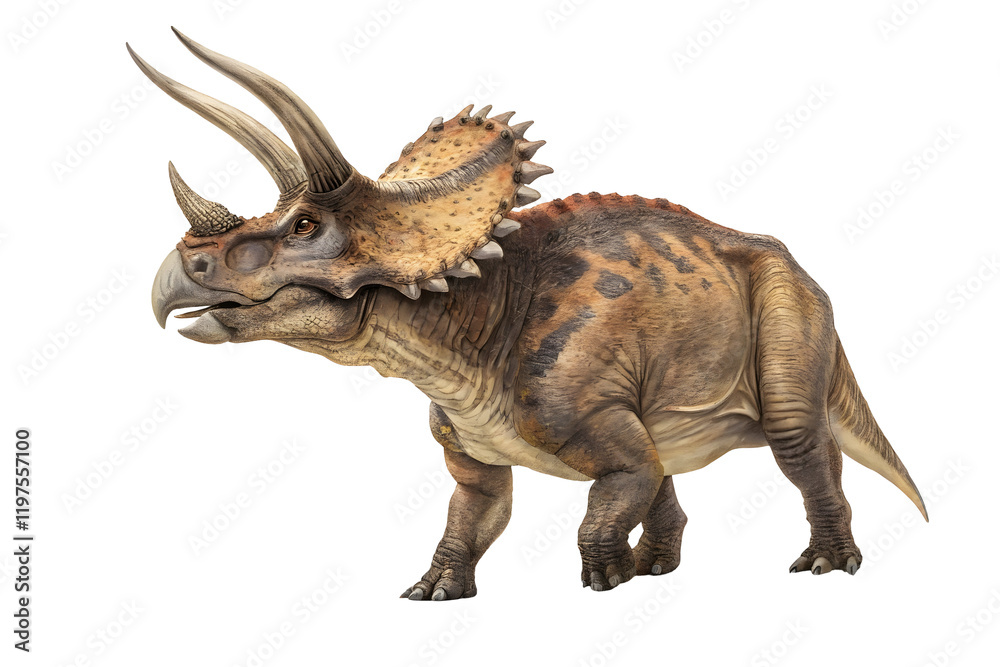 Naklejka premium Majestic Triceratops: A detailed illustration of a Triceratops, a three-horned herbivorous dinosaur, showcasing its powerful build, distinctive frill, and sharp horns against a clean background.