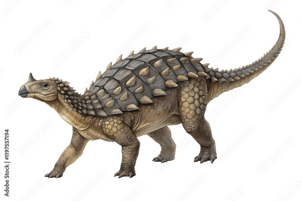 Obraz premium Ankylosaurus: A meticulously detailed illustration of an Ankylosaurus, a formidable herbivore known for its armored body and clubbed tail.
