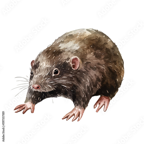 A watercolor painting of a mole digging through the soil, with only its head visible, isolated on a white background. Mole vector.

