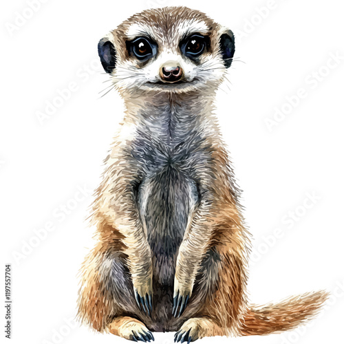 A watercolor of a meerkat standing on its hind legs, scanning the surroundings in the desert, isolated on a white background. Meerkat vector.
