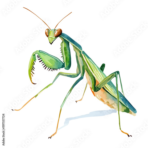 A watercolor illustration of a mantis perched on a branch, with its distinctive folded forelegs, isolated on a white background. Mantis vector.
