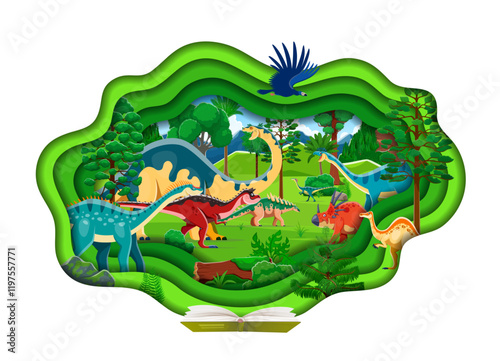 Paper cut prehistoric dinosaurs landscape with opened text book. Paleontology reptiles paper cut vector banner with argentavis, melanorosaurus and lufengosaurus, gallimimus, carnotaurus dinosaurs