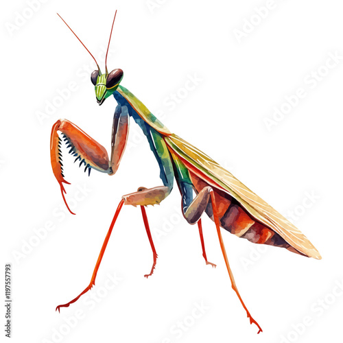 A watercolor illustration of a mantis perched on a branch, with its distinctive folded forelegs, isolated on a white background. Mantis vector.
