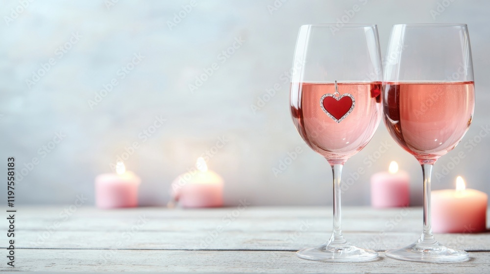 Pair of wine glasses with a sparkling heart-shaped charm, set against a backdrop of romantic candlelight Pair of wine glasses with a sparkling heart-shaped charm, set against a backdrop of romantic candlelight
