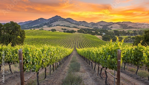 Picturesque vineyard rolling over sunlit hills with rows of grapevines leading into a warm golden sunset scene perfect for wine country themes