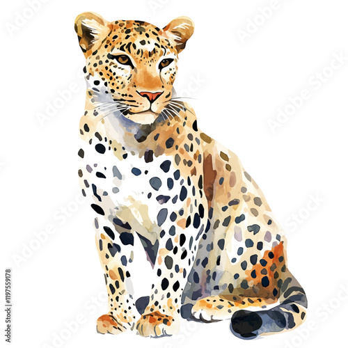 A watercolor of a leopard, isolated on a white background. Leopard vector.
