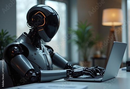 Sleek Grey Robotic Figure Engaging with Laptop