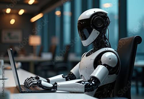 Sleek Grey Robotic Figure Engaging with Laptop