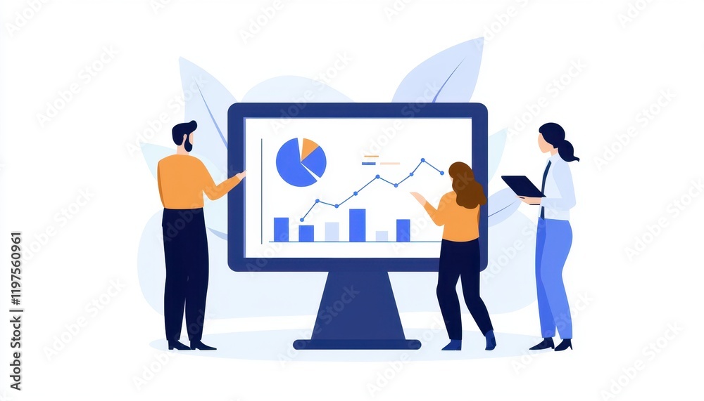 Team of inspectors reviewing a large monitor displaying production data and charts symbolizing collaborative quality control Team of inspectors reviewing a large monitor displaying production data and charts symbolizing collaborative quality control