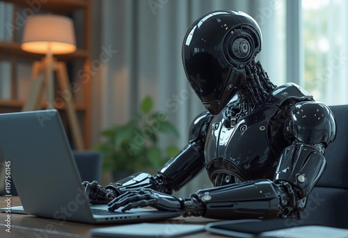 Sleek Grey Robotic Figure Engaging with Laptop
