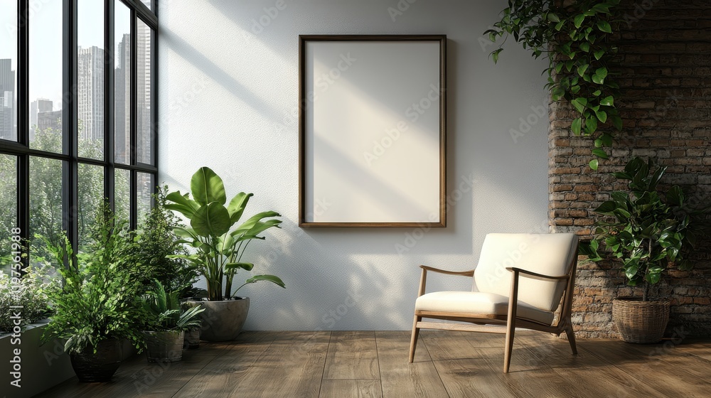 Serene Interior Space with Blank Frame and Natural Light Accents
