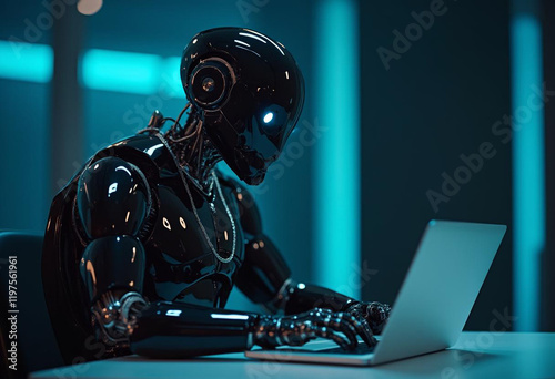 Sleek Grey Robotic Figure Engaging with Laptop