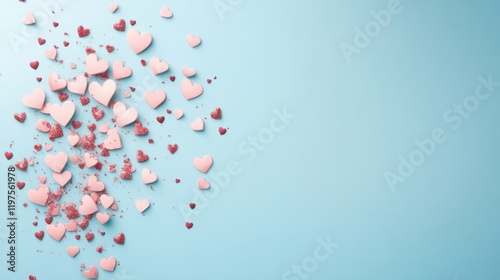 Vibrant red hearts dance across a serene blue canvas, inviting love and joy, with ample space for heartfelt messages or romantic notes.